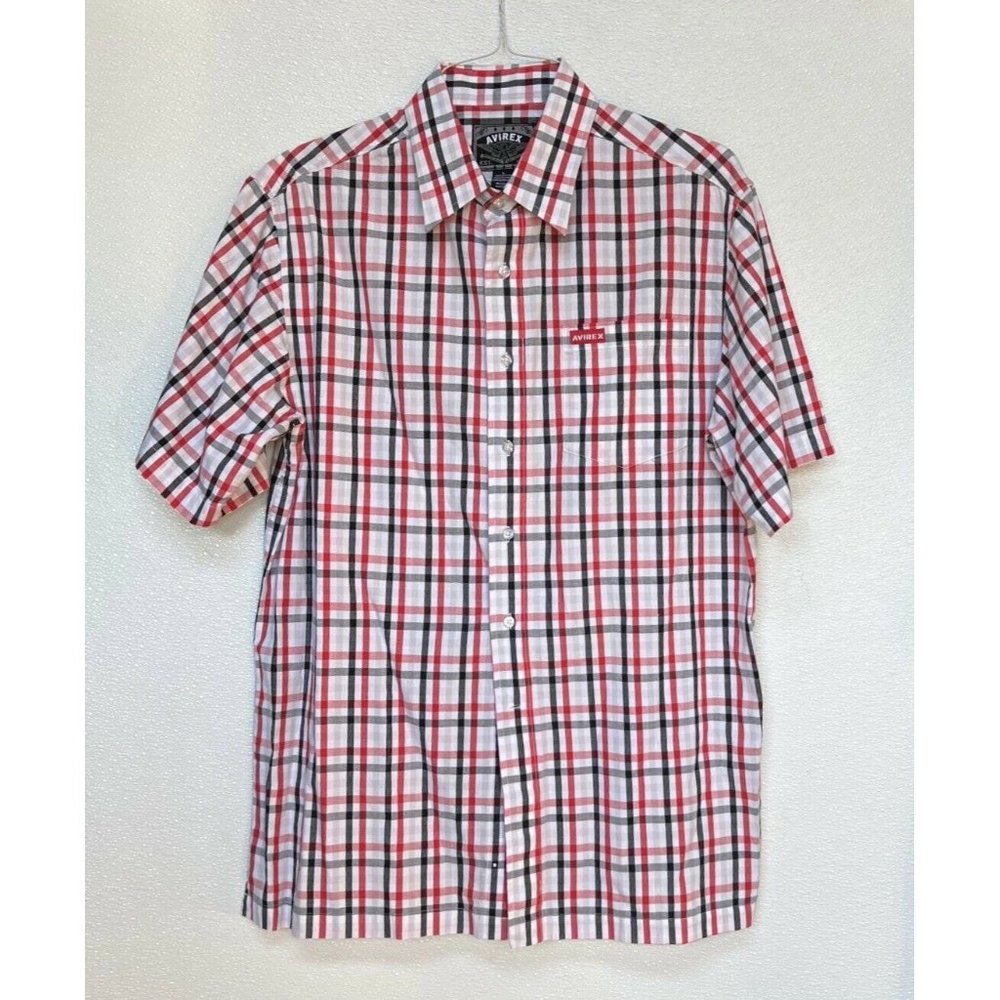 Avirex L Shirt Button Up Red Black Plaid Check Short Sleeve Classic Academia